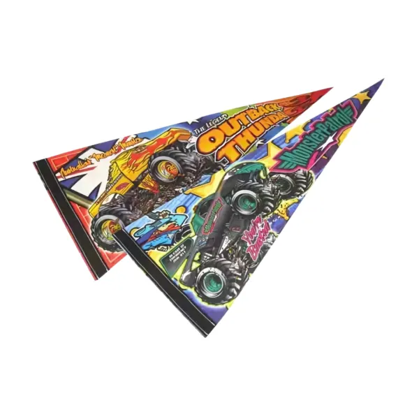 Vibrant pennants with monster truck graphics, ideal as promotional merchandise.