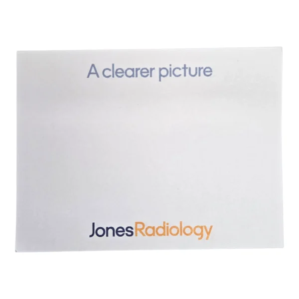 Adhesive Note Pad 75mm x 100mm (1 Colour Print) with A Clearer Picture and Jones Radiology.