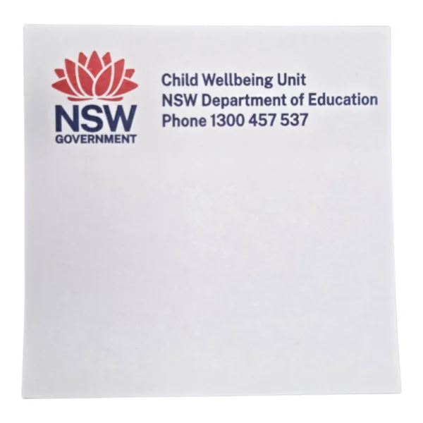NSW Govt Child Wellbeing Unit info on Adhesive Note Pad 75mm x 75mm (1 Colour Print).