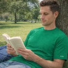 Man in green Gildan Heavy Cotton Adult T-Shirt reads a book while sitting against a tree.