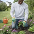 Man planting flowers wears Gildan Heavy Cotton Adult Long Sleeve T-Shirt in the garden.