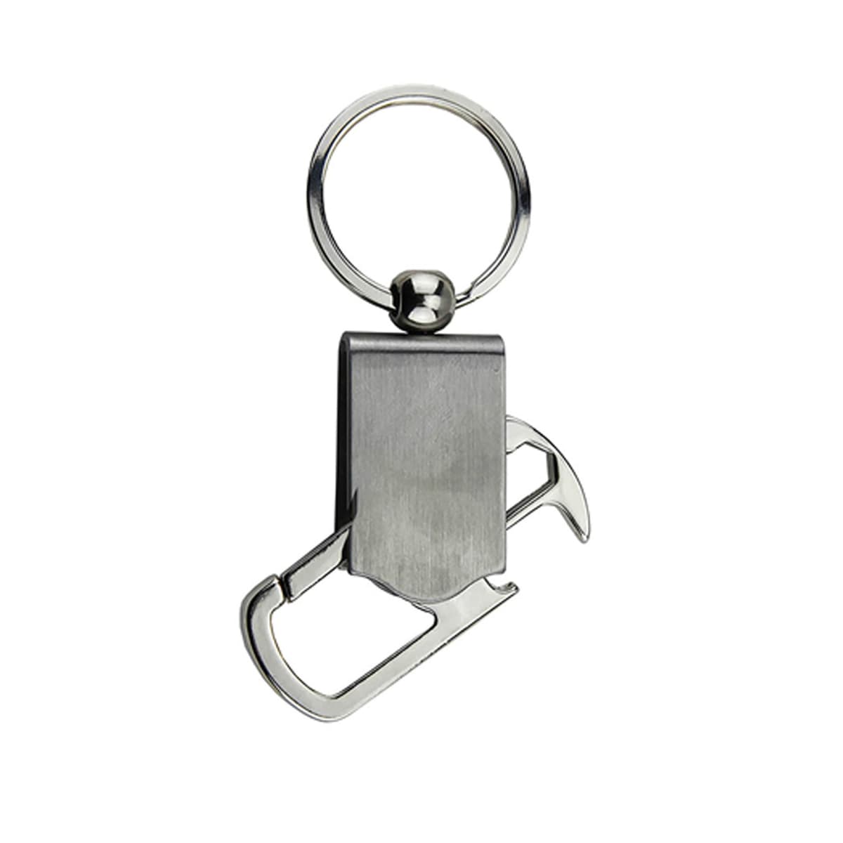 Sybill Bottle Opener Keychain with rectangular body and integrated carabiner clip.