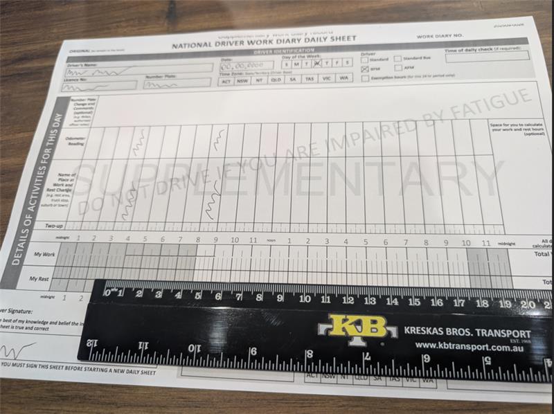 A work diary daily sheet for drivers with a KB Transport ruler on top in Sunshine West.