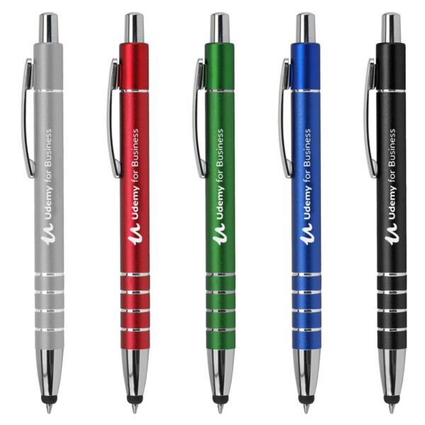 Five Metal Stylus Pen Euro - rush pens in silver, red, green, blue & black with Udemy for Business text.
