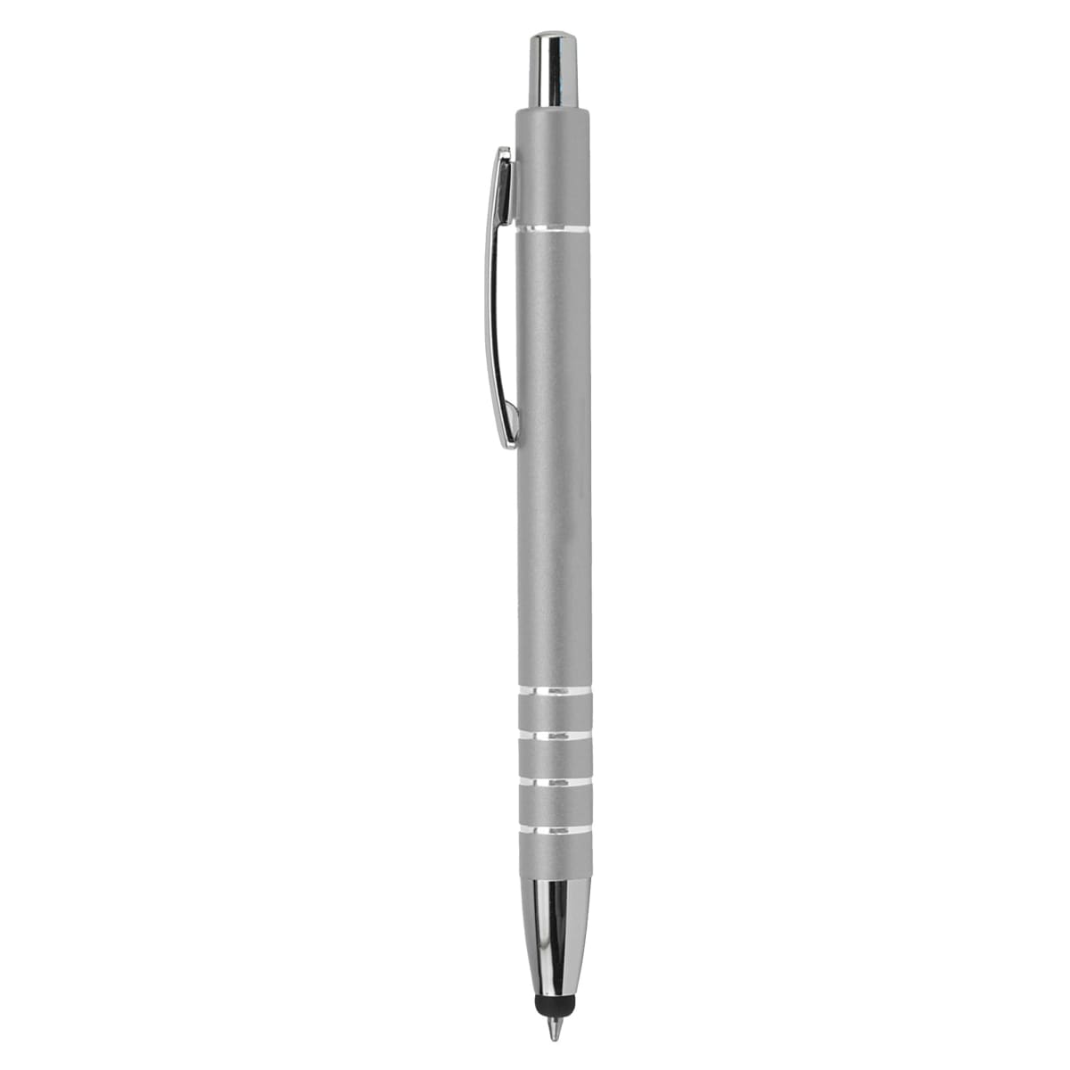 A silver Metal Stylus Pen Euro - rush with a clip and metallic accents.