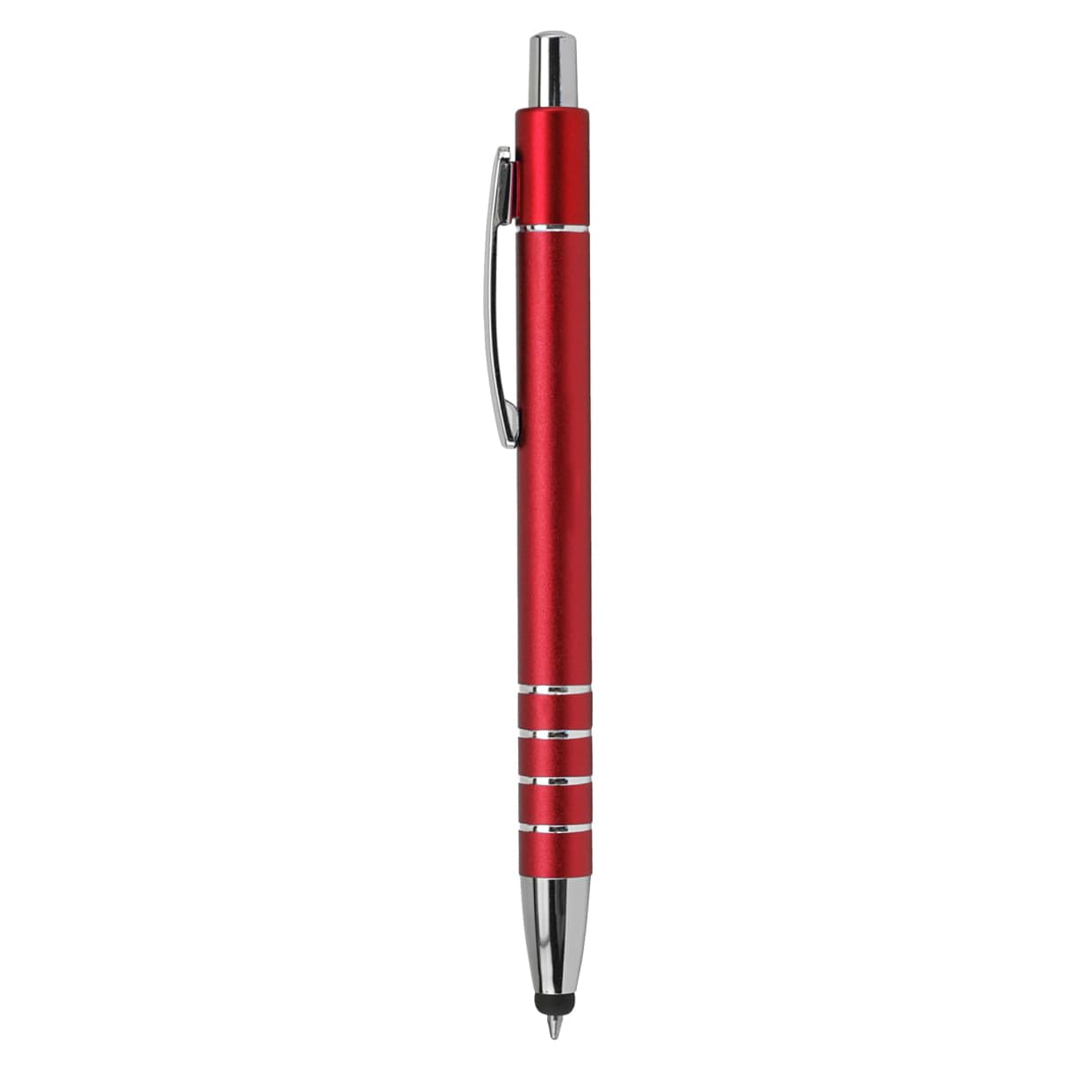 Metal Stylus Pen Euro - rush with silver accents and pocket clip, shown vertically on white.