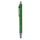 A green Metal Stylus Pen Euro - rush with silver accents and a handy pocket clip.