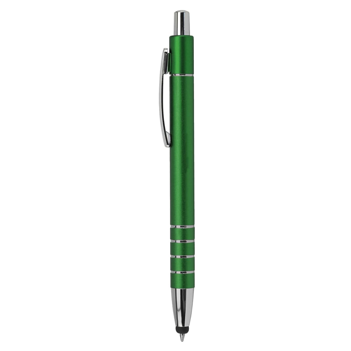 A green Metal Stylus Pen Euro - rush with silver accents and a handy pocket clip.