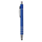 Blue and silver Metal Stylus Pen Euro - rush with pocket clip, shown vertically.