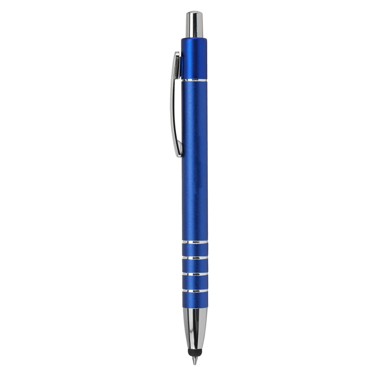 Blue and silver Metal Stylus Pen Euro - rush with pocket clip, shown vertically.