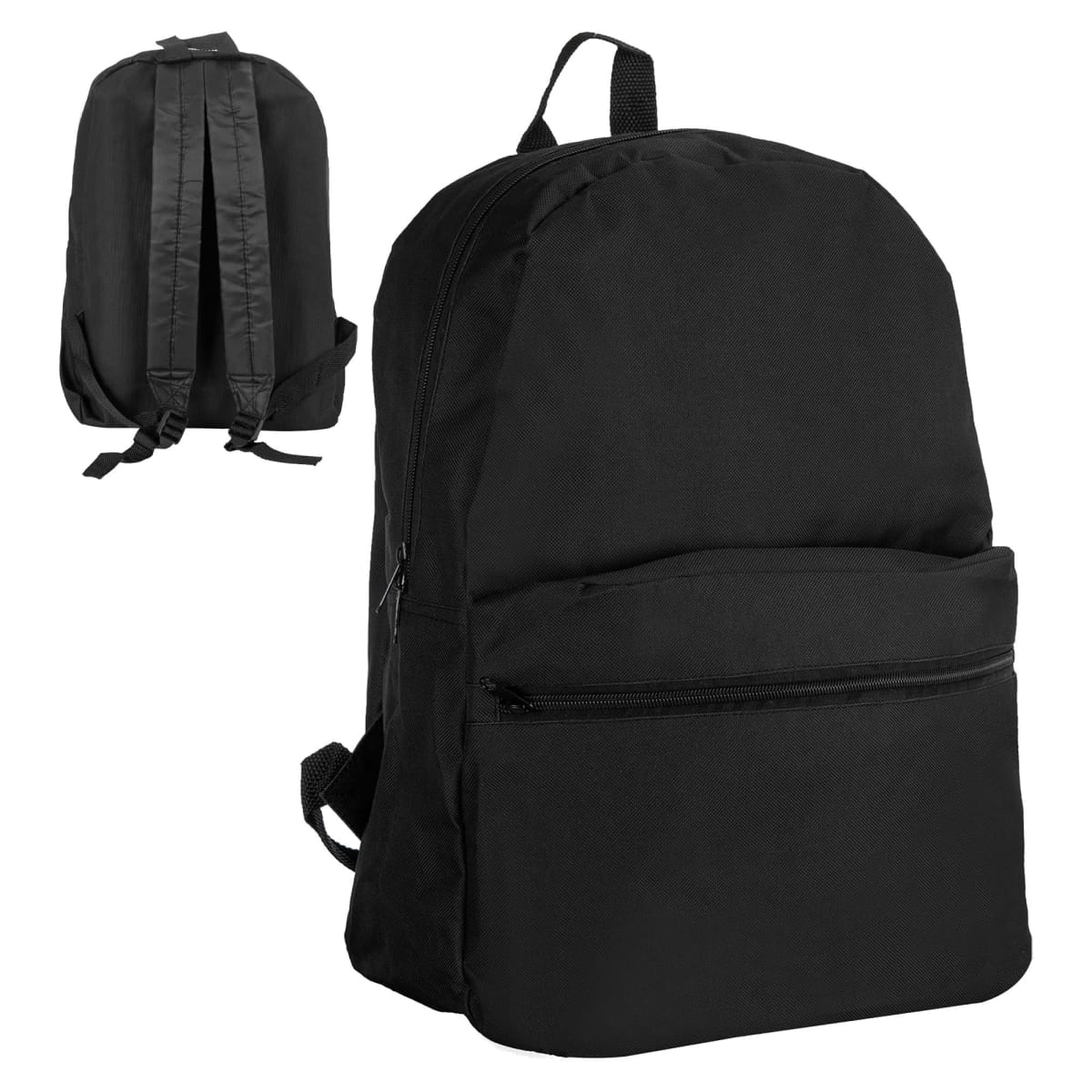 Smoky Custom Backpacks - rush, plain black with front zipper; inset shows strap view.
