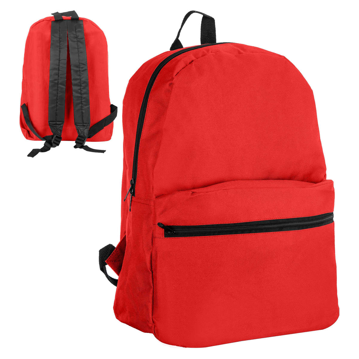 Smoky Custom Backpacks - rush with front zipper pocket and black straps, front/back views shown.