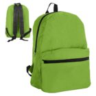 A bright green Smoky Custom Backpacks - rush with black zippers, shown front and back.