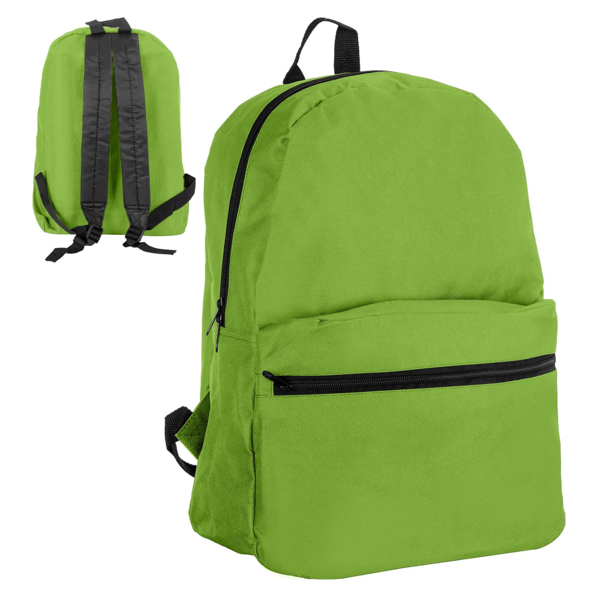 A bright green Smoky Custom Backpacks - rush with black zippers, shown front and back.