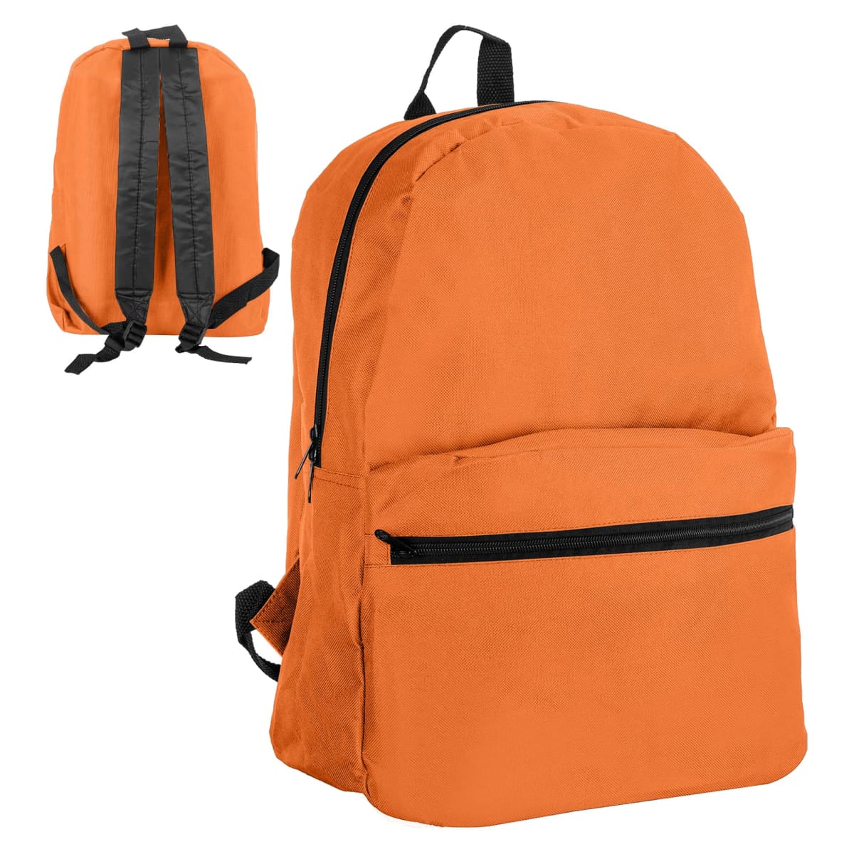 Smoky Custom Backpacks - rush: Orange backpack with black zipper and straps, front and back views.