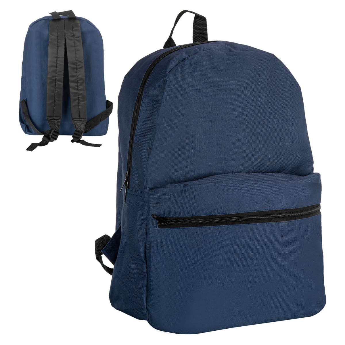 Smoky Custom Backpacks - rush: plain navy blue with front zipper and black straps.