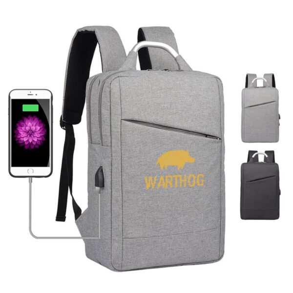 Commuter Logo Backpacks - rush in gray with WARTHOG logo and USB port, ready for any rush.