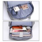 Top: Commuter Logo Backpacks - rush with electronics. Bottom: Packed with books, laptop, umbrella.