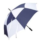 Blue and white striped Dunness Umbrellas - rush umbrella with black handle, opened.