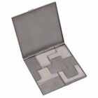 A metal case with interlocking Infinity Puzzles - rush, in rectangular and square shapes.