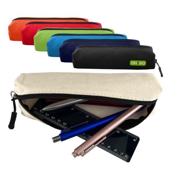 A Canvas Tube Pencil Case - rush in beige, open with pens, ruler, and colorful cases behind.