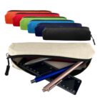 Seven rush Canvas Tube Pencil Cases, one open showing pens and a ruler inside.