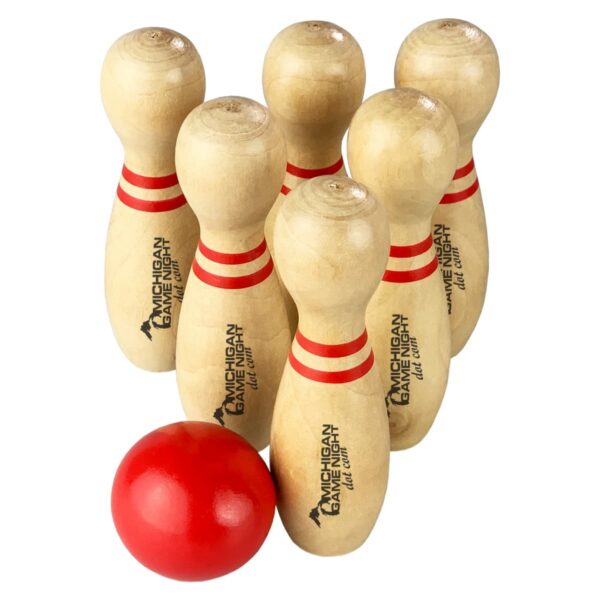 Six wooden pins with red stripes and a red ball from Franz Wooden Bowling Sets - rush.