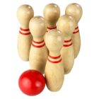 Six Franz Wooden Bowling pins with red stripes and a red ball placed in front.
