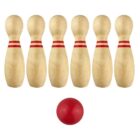 Six Franz Wooden Bowling Sets - rush pins with red stripes and a red ball on white background.