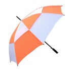 Orange, white, and light purple Dunness Umbrellas - rush with black handle, side view.