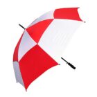 Dunness Umbrellas - rush: red and white, open with alternating panels, angled view.