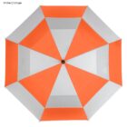 Top view of a Dunness Umbrellas - rush with alternating orange and white panels.